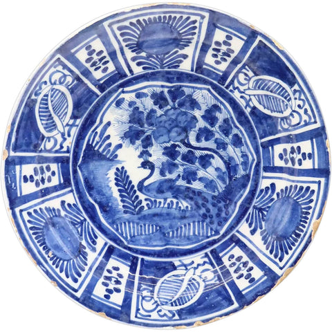 Dutch Delft Tin-Glazed Earthenware Blue and White Peacock Plate