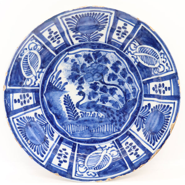 Dutch Delft Tin-Glazed Earthenware Blue and White Peacock Plate