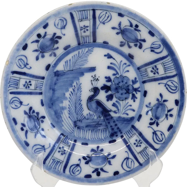 Dutch Delft Kraak Style Tin-Glazed Earthenware Blue and White Peacock Plate