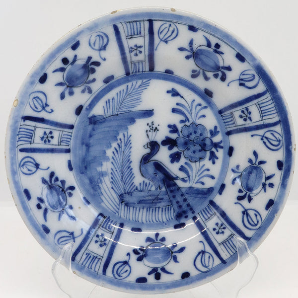 Dutch Delft Kraak Style Tin-Glazed Earthenware Blue and White Peacock Plate