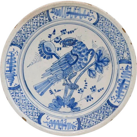 Dutch Delft Tin-Glazed Earthenware Light Blue and White Parrot Plate