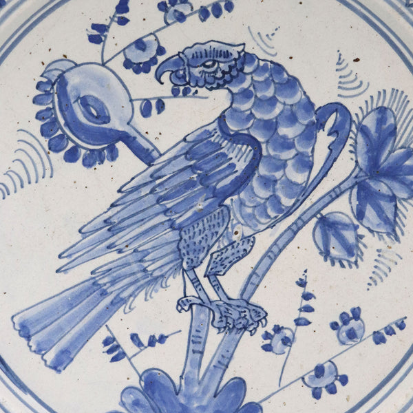 Dutch Delft Tin-Glazed Earthenware Light Blue and White Parrot Plate