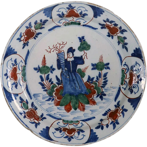 Dutch Delft Tin-Glazed Earthenware Polychrome Flora Goddess Plate