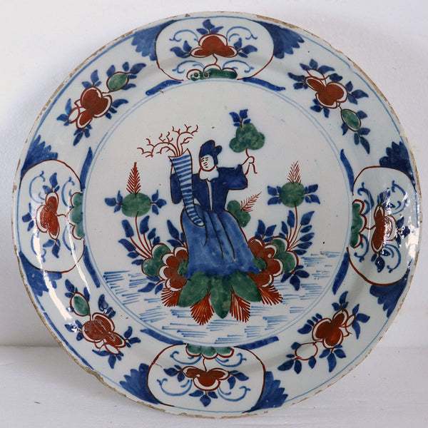 Dutch Delft Tin-Glazed Earthenware Polychrome Flora Goddess Plate