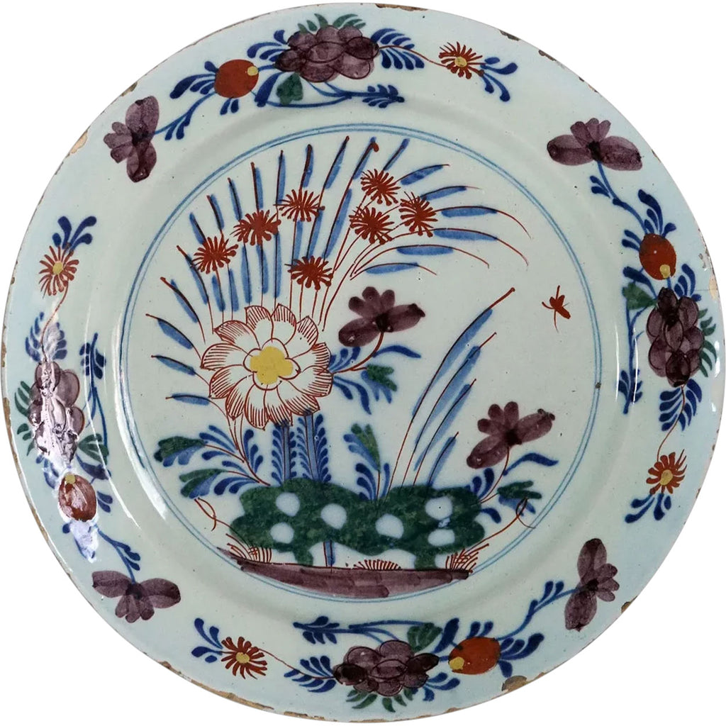 Dutch Sample Plates Large Dutch Delft Tin-Glazed Earthenware Polychrome Floral Plate