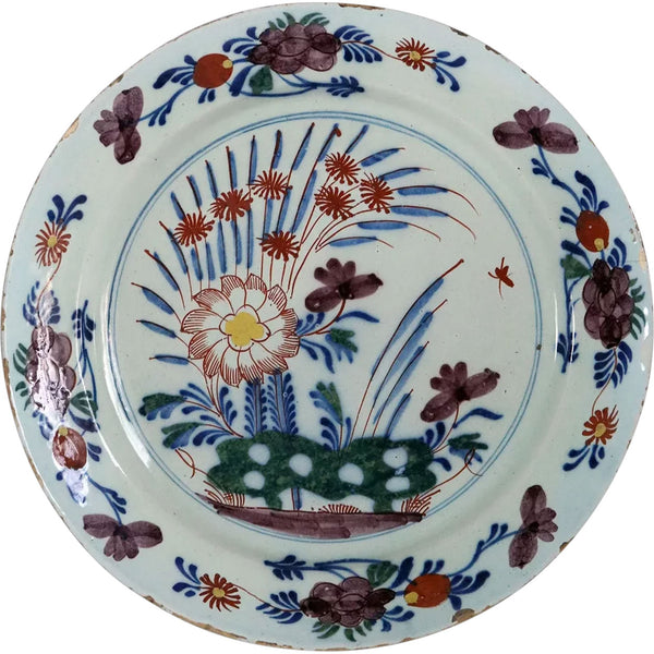 Large Dutch Delft Tin-Glazed Earthenware Polychrome Floral Plate