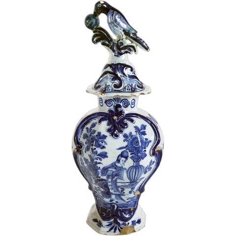 Dutch Delft De Porceleyne Fles Pottery Baluster Vase and Bird Cover