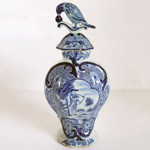 Dutch Delft De Grieksche A Pottery Baluster Vase and Bird Cover