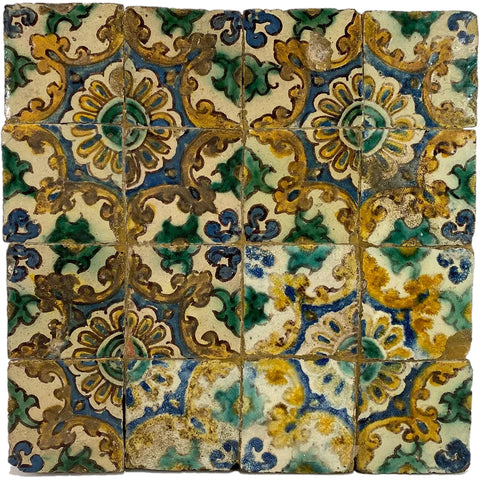 Set of Sixteen Spanish Tin-Glazed Faience Earthenware Floor Tiles (Azulejos)