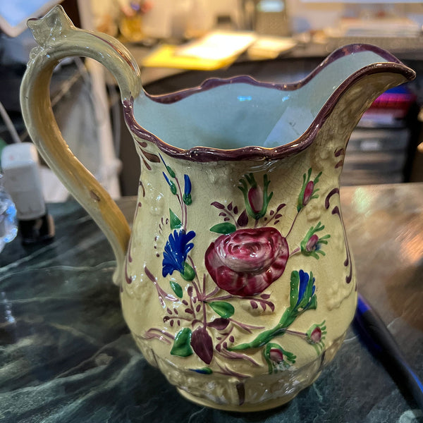 English Victorian Enamel Lustre Pottery Relief Molded Pitcher