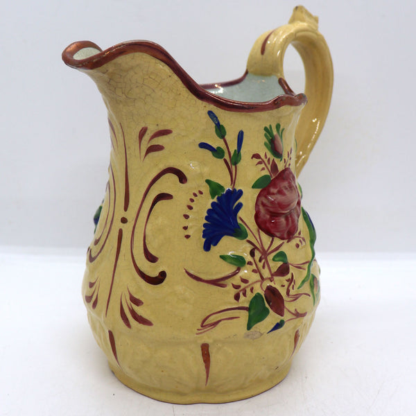 English Victorian Enamel Lustre Pottery Relief Molded Pitcher