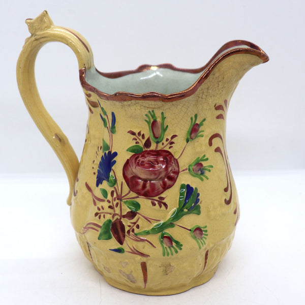 English Victorian Enamel Lustre Pottery Relief Molded Pitcher