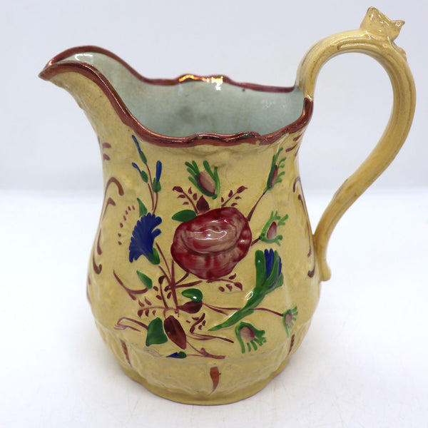 English Victorian Enamel Lustre Pottery Relief Molded Pitcher