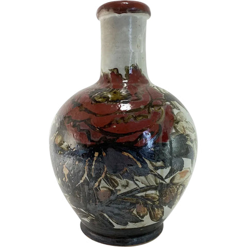 Large Japanese Meiji Stoneware Pottery Floral Bottle Vase