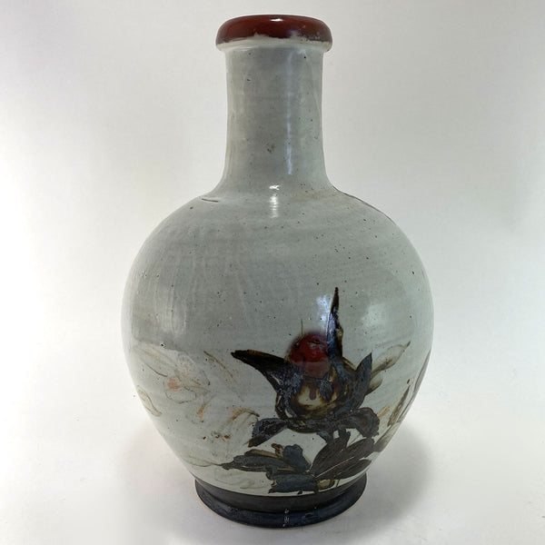 Large Japanese Meiji Stoneware Pottery Floral Bottle Vase