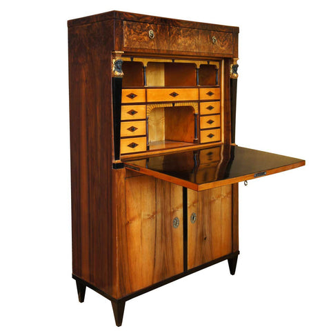 German Biedermeier Ebonized and Circassian Walnut Secretary Desk Cabinet