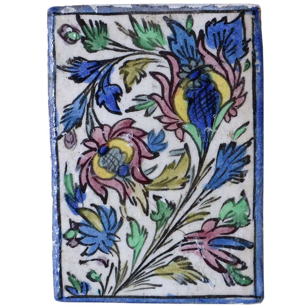 Vintage Persian Qajar Iznik Style Glazed Pottery Foliate and Floral Tile