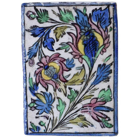 Vintage Persian Qajar Iznik Style Glazed Pottery Foliate and Floral Tile