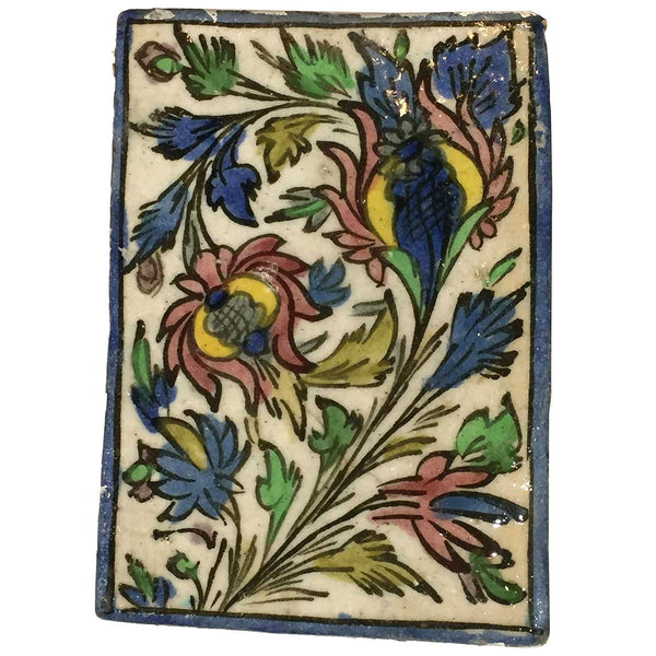 Vintage Persian Qajar Iznik Style Glazed Pottery Foliate and Floral Tile