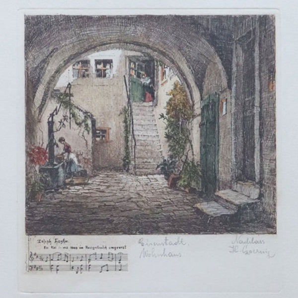 Vintage After HERTA CZOERNIG Hand Colored Etching, Home of Joseph Haydn