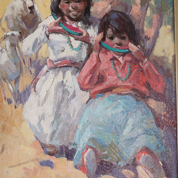 VLADAN STIHA Oil on Canvas Painting, Navajo Children Eating Watermelon