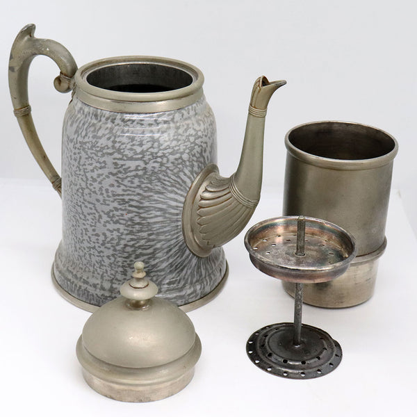 American Manning, Bowman & Co. Metal Trimmed Graniteware Enamel Coffee Pot