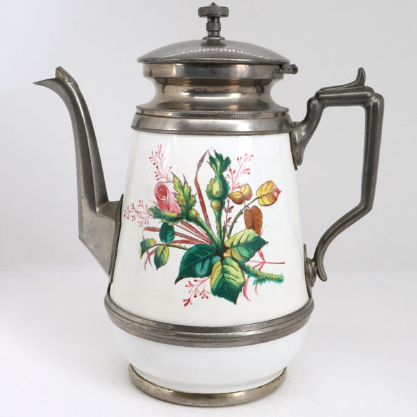 American Manning, Bowman & Co. Pewter Trimmed Graniteware Enameled Coffee Pot