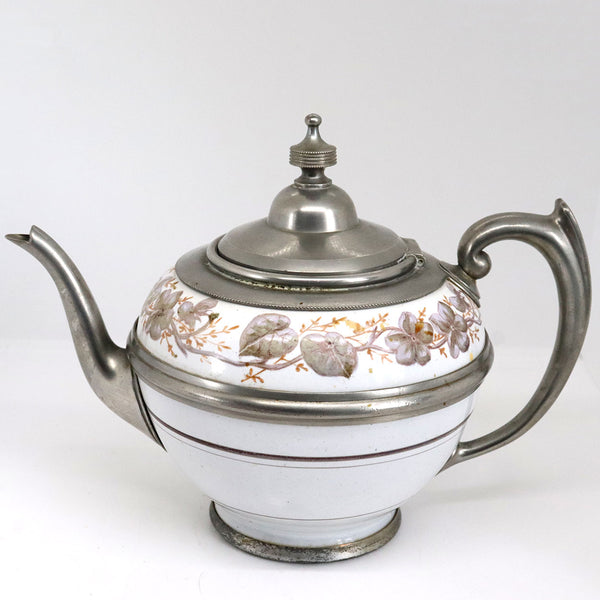 American Manning, Bowman & Co. Pewter Trimmed Graniteware Enameled Teapot