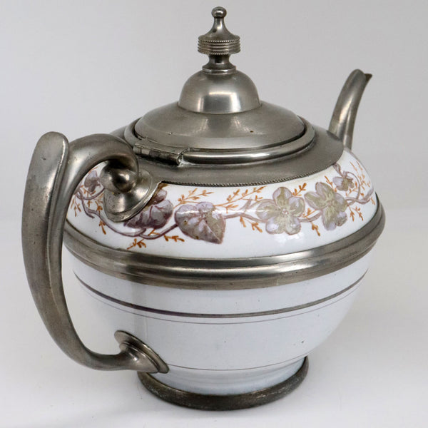 American Manning, Bowman & Co. Pewter Trimmed Graniteware Enameled Teapot
