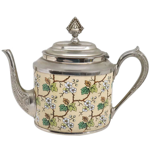 American Aesthetic Movement Plated Metal Graniteware Floral Enameled Teapot