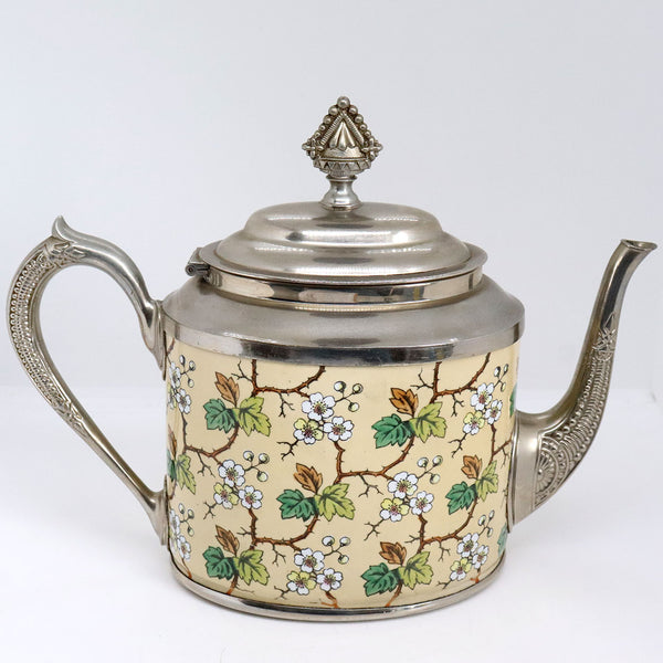 American Aesthetic Movement Plated Metal Graniteware Floral Enameled Teapot