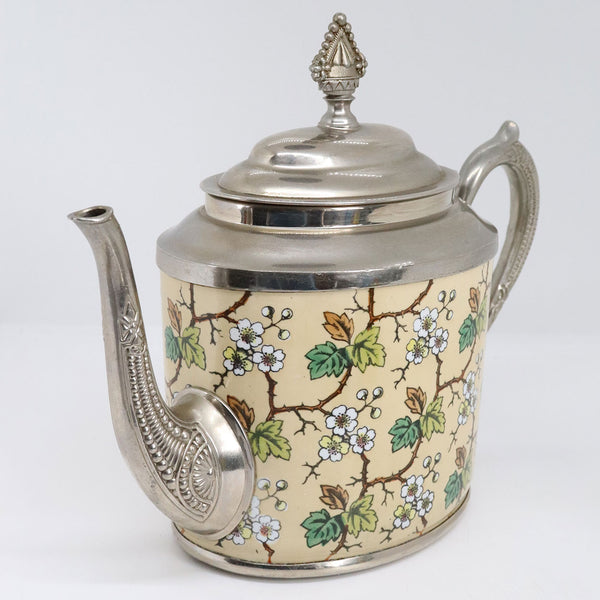 American Aesthetic Movement Plated Metal Graniteware Floral Enameled Teapot