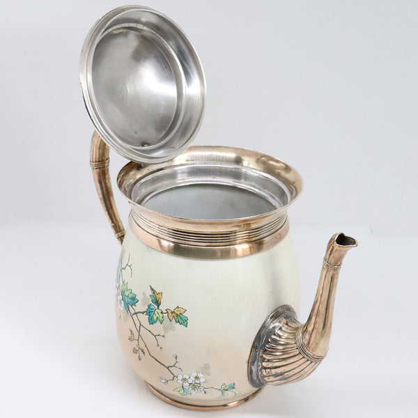 American Manning, Bowman & Co. Silverplate Trimmed Graniteware Enamel Teapot