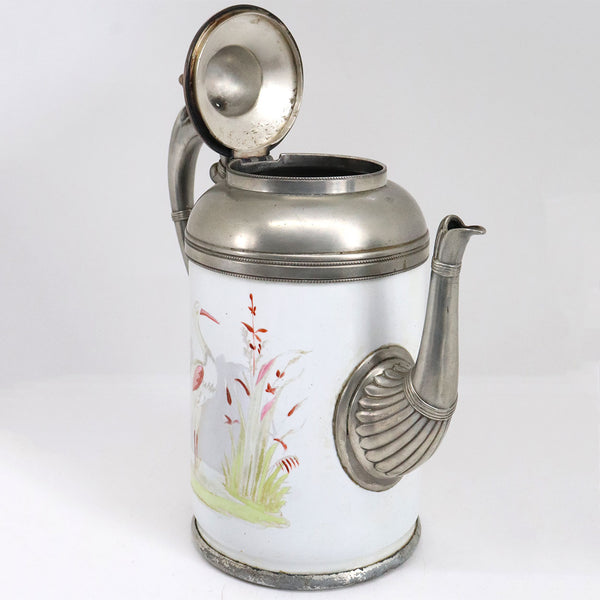 American Manning, Bowman & Co. Pewter Trimmed Graniteware Heron Coffee Pot