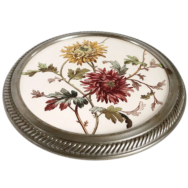 English Aesthetic Movement Porcelain and Pewter Floral Round Footed Cake Stand