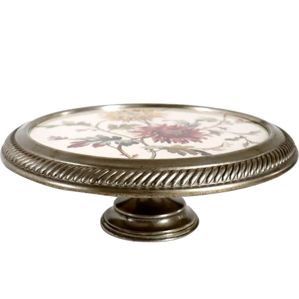 English Aesthetic Movement Porcelain and Pewter Floral Round Footed Cake Stand
