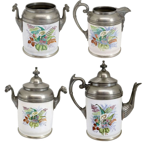 Four-Piece American Manning, Bowman & Co. Pewter Trimmed Graniteware Enamel Tea Set