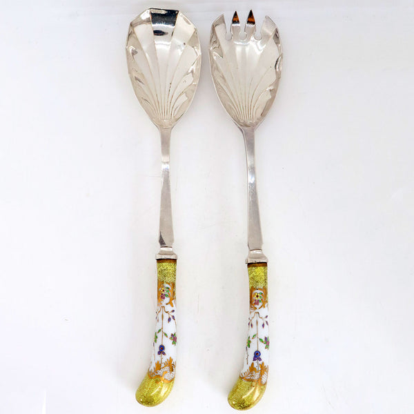 Vintage Two-Piece English Sheffield Silverplate and Porcelain Salad Servers