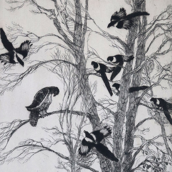 GENE KLOSS Etching and Drypoint on Paper, Magpies and Red-Tailed Hawk II, 37/50
