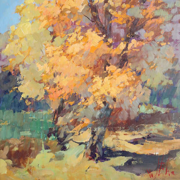 VLADAN STIHA Oil on Panel Painting, New Mexico Cottonwood Trees