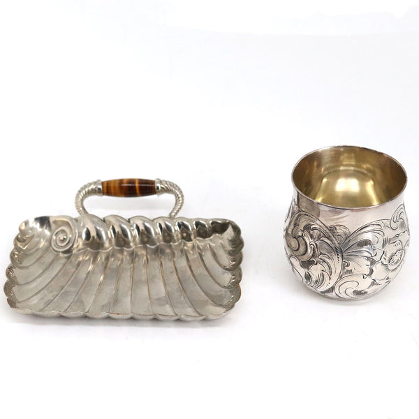 American Aesthetic Movement Silverplate and Tiger Eye Card Tray and Tumbler Cup