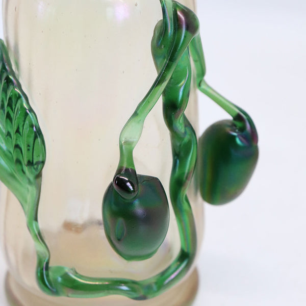 Pair of Bohemian Kralik Iridescent Glass Applied Plum Vases