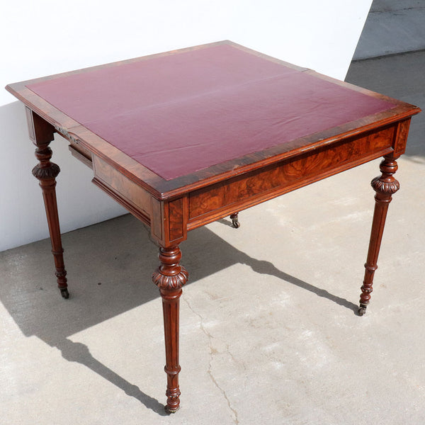 English Circassian Walnut and Leather Tilt-Top Card Table