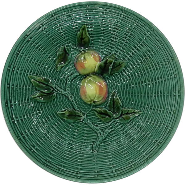 German Zell Green Majolica Relief Moulded Basketweave and Apple Plate