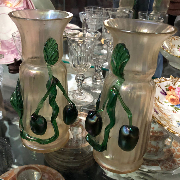 Pair of Bohemian Kralik Iridescent Glass Applied Plum Vases