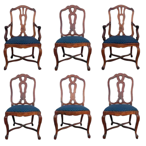 Set Six Italian Rococo Revival Walnut Upholstered Seat Dining Chairs