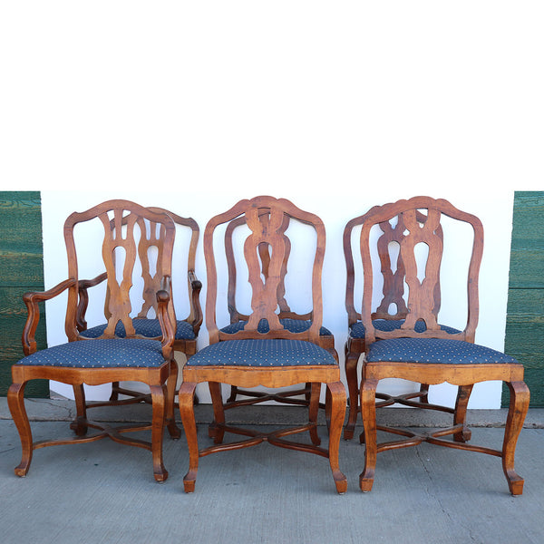 Set Six Italian Rococo Revival Walnut Upholstered Seat Dining Chairs