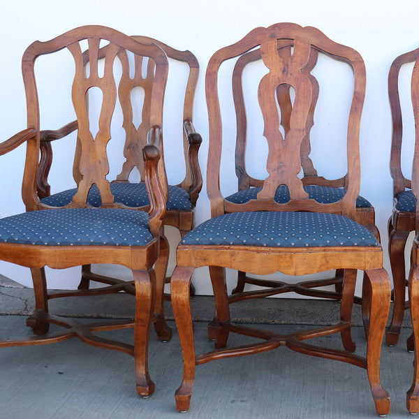 Set Six Italian Rococo Revival Walnut Upholstered Seat Dining Chairs