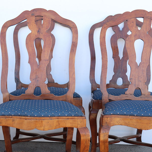 Set Six Italian Rococo Revival Walnut Upholstered Seat Dining Chairs