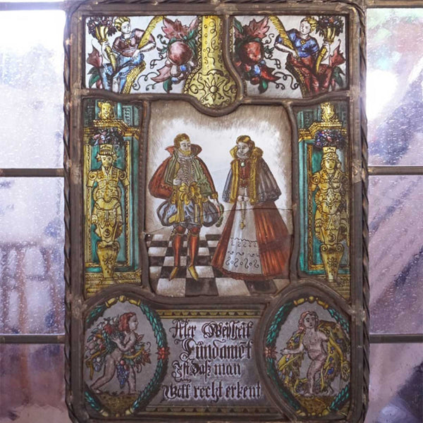 Dutch Medieval Style Painted, Stained and Leaded Glass Window